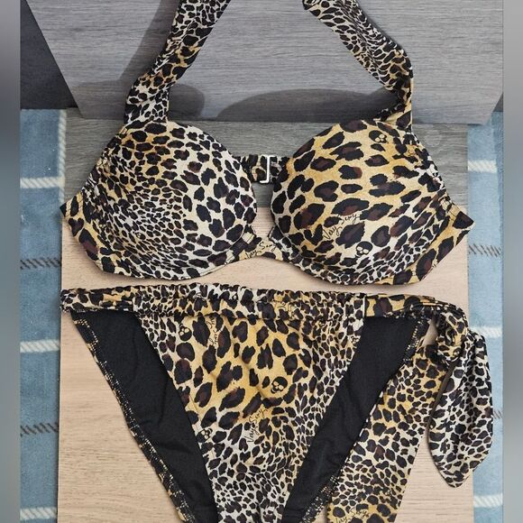VICTORIA'S SECRET SWIM CHEETAH SKULL Y2K RETRO BOMBSHELL BIKINI 2 PIECE SWIMSUIT - Picture 1 of 11